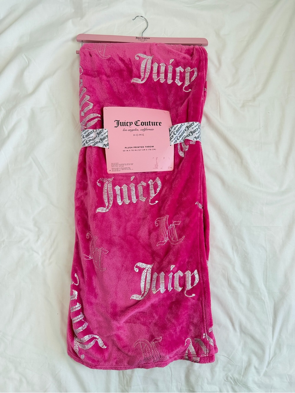 Juicy Couture Girls Hot Pink Plush Throw with Silver Juicy Logo